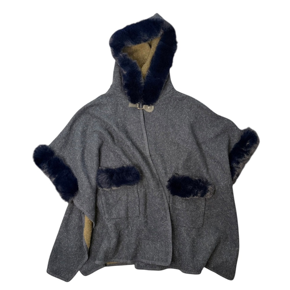 Dressy Chosen Gray Wool Blend Faux Fur Trim Hooded Poncho Cape